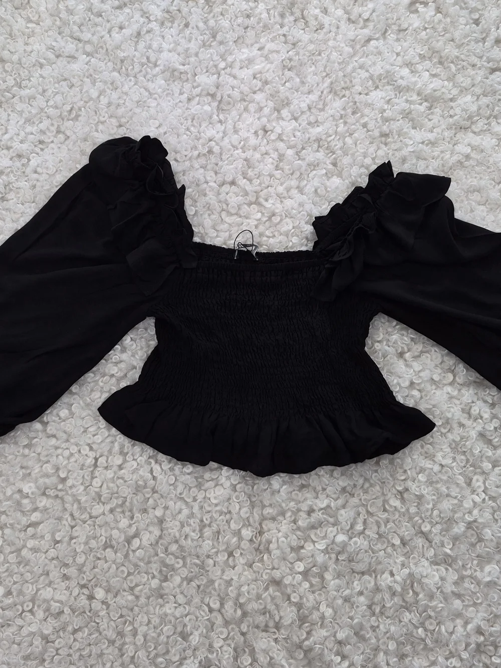 BNWT Zara Smocked Ruffled Puff Sleeve Crop Black Top S Cottagecore Boho Romantic - Picture 4 of 14